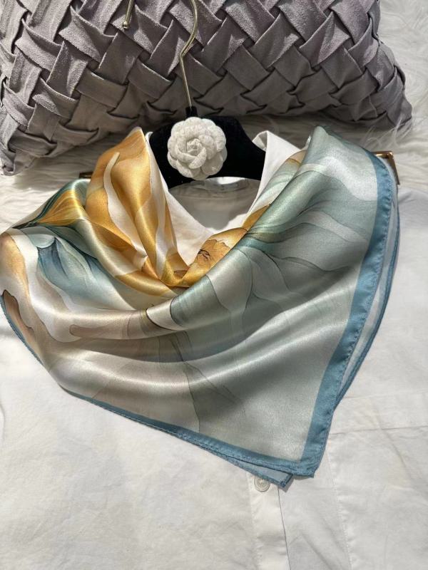 Foulard Shawl Silk Satin Flower Braun Blue White